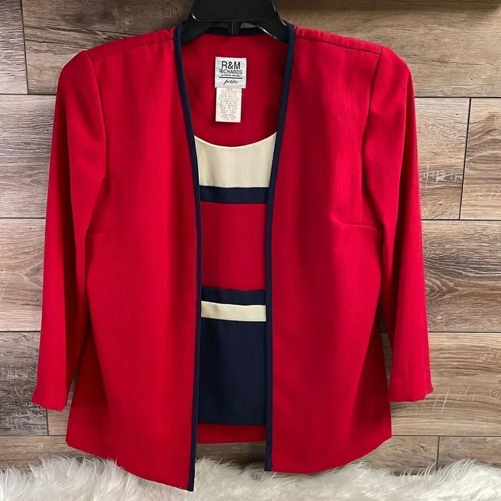 R&M RICHARDS Vintage Dressy Shacket Blouse Scoop Neck Open Front Sz 6P Red Multi